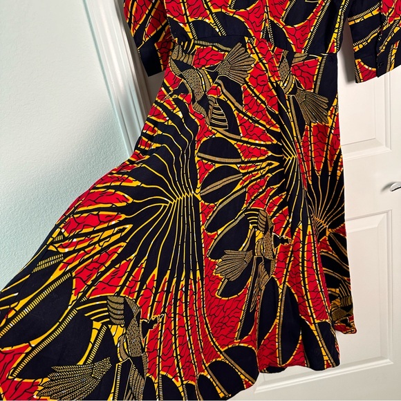 Grass-Field Button Down Dress Red Navy Bird Palm size UK14, US 10 - Picture 11 of 12